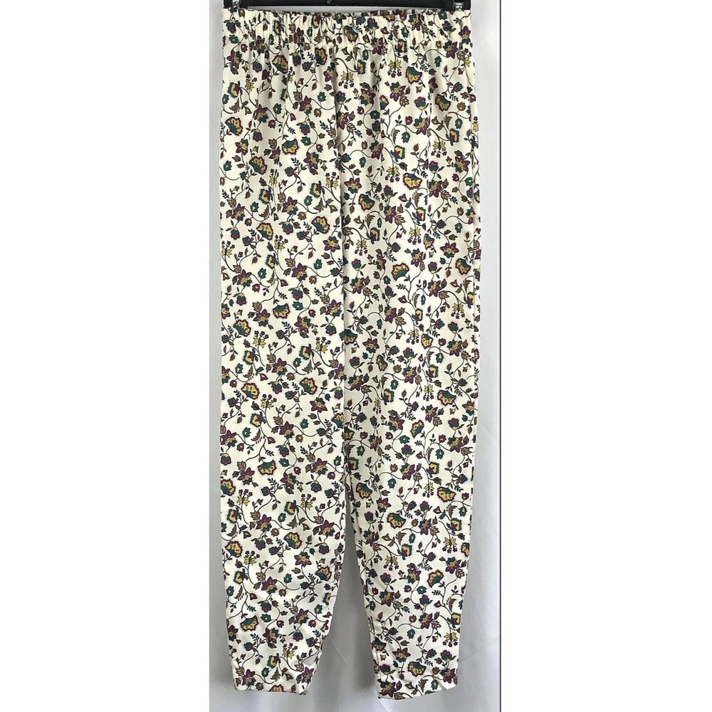 Vintage EJ Gitano pants S ivory/purple floral elastic waist taper leg 80s retro